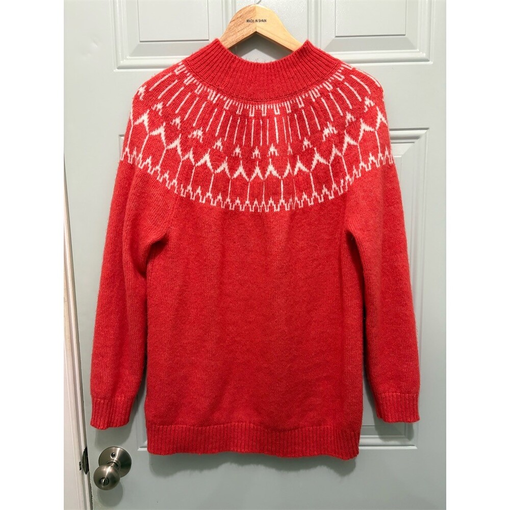 Talbots Sweater Womens Size L Orange Coral White Fair Isle Mock Neck - Picture 4 of 7